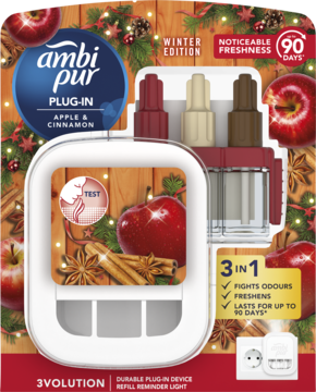 Ambi Pur 3Volution Winter Edition Apple & Cinnamon, elektryczny odświeżacz, białe urządzenie na blistrze.