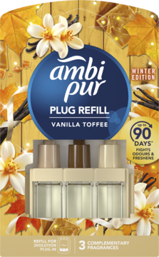 Ambi Pur Plug Refill Vanilla Toffee, 3 uzupełnienia, Winter Edition, opakowanie z liśćmi, widok z przodu.