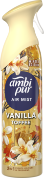 Ambi Pur Air Mist Vanilla Toffee Winter Edition spray bottle, front view, cream top, amber floral design.
