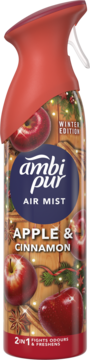 Ambi Pur Air Mist Apple & Cinnamon Winter Edition spray, red top, festive label with apples and spices. Front view.
