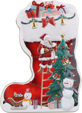 Ozdobna, świąteczna puszka pralin w kształcie czerwonej skarpety z Mikołajem, choinką, prezentami i bałwankami.