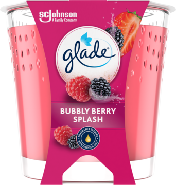 Dwie świece zapachowe Glade Bubbly Berry Splash, różowe, w szklanych pojemnikach, widok z przodu.
