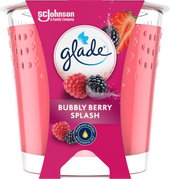 Dwie świece zapachowe Glade Bubbly Berry Splash, różowe, w szklanych pojemnikach, widok z przodu.
