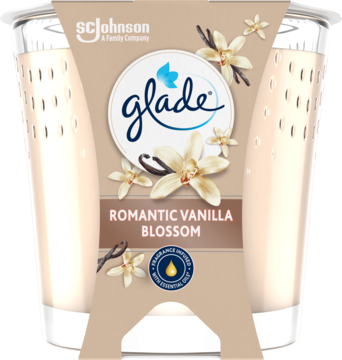 Świeca zapachowa Glade Romantic Vanilla Blossom w szklanym słoiku, kremowy wosk, brązowa etykieta z wanilią. Widok z przodu.