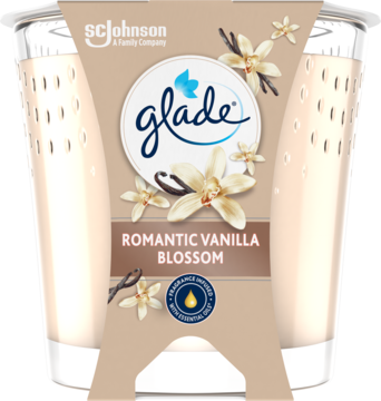 Świeca zapachowa Glade Romantic Vanilla Blossom w szklanym słoiku, kremowy wosk, brązowa etykieta z wanilią. Widok z przodu.