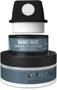 Coccine Nano Wax bezbarwny krem, ułożony piętrowo w czarnych i niebieskich słoikach, widok z przodu.