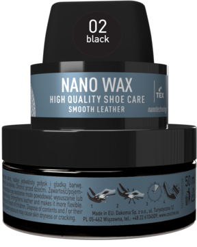 Czarny krem do butów Coccine Nano Wax, dwa okrągłe słoiki, widok z przodu, etykieta 'Smooth Leather'.