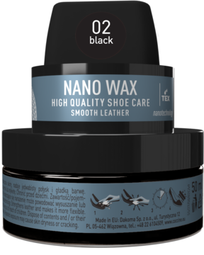 Czarny krem do butów Coccine Nano Wax, dwa okrągłe słoiki, widok z przodu, etykieta 'Smooth Leather'.