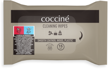 Coccine cleaning wipes, szara paczka 15 szt. do gładkiej skóry, drewna, plastiku, widok z przodu.