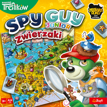 Planszowa gra detektywistyczna Spy Guy Junior Zwierzaki, pudełko z misiem detektywem i mapą zwierząt.