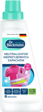Biała butelka Dr. Beckmann Neutralizatora Nieprzyjemnych Zapachów, turkusowa nakrętka, z przodu różowe koszulki i '24h'.