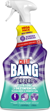Cillit Bang Expert spray do czyszczenia i dezynfekcji, fioletowo-turkusowa butelka, przód, nowa formuła, bez wybielacza.