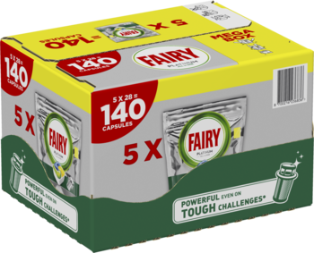 Mega box Fairy Platinum All In One Lemon 140 kapsułek do zmywarki, żółto-zielone opakowanie, widok z boku pod kątem.