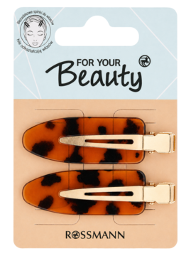 Dwie bezuciskowe spinki For Your Beauty w brązowy wzór szylkretowy, owalny kształt, na kartoniku Rossmann. Widok z przodu.