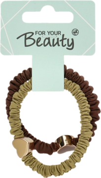 Zestaw dwóch gumek do włosów For Your Beauty, w jesiennych brązowo-oliwkowych kolorach, ze złotymi sercami, na opakowaniu.