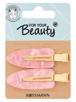 Dwie różowe spinki do włosów For Your Beauty, bezuciskowe, z marmurkowym wzorem, w opakowaniu, widok z przodu.