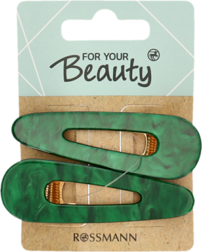 Dwie zielone, marmurkowe spinki For Your Beauty na kartonowym blistrze, widok z przodu.
