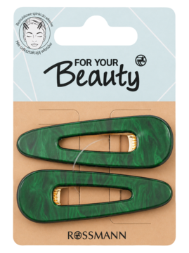 Dwie zielone marmurkowe spinki do włosów For Your Beauty, widoczne na opakowaniu Rossmann. Do delikatnych fryzur.