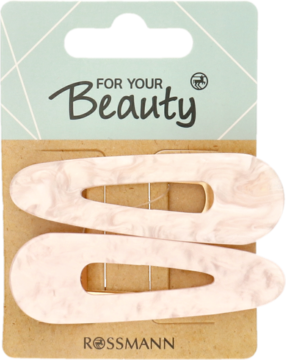 Zestaw dwóch marmurkowych spinek do włosów For Your Beauty Rossmann, jasnoróżowe, na opakowaniu. Widok z przodu.
