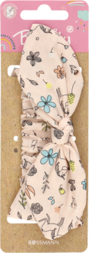 Pastelowa opaska do włosów baby dream z wzorem w niebieskie kwiaty i leśne zwierzęta, na tekturowym blistrze Rossmann.