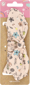 Pastelowa opaska do włosów baby dream z wzorem w niebieskie kwiaty i leśne zwierzęta, na tekturowym blistrze Rossmann.