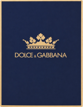 Granatowe opakowanie perfum K by Dolce & Gabbana ze złotą koroną i napisem, widok z przodu.