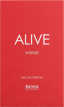 Czerwone opakowanie perfum Hugo Boss Alive Intense Eau de Parfum dla kobiet, z białym napisem, widok z przodu, 30 ml.