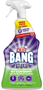 Cillit Bang Expert Zero Tłuszczu bez szorowania, fioletowo-zielony spray odtłuszczający, widok z przodu.