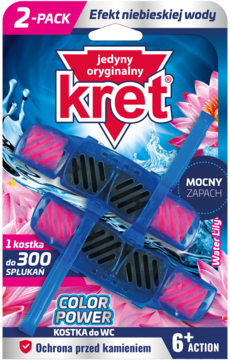 Kret Color Power Water Lily 2-pak, kostka do WC w niebieskich koszyczkach z różowymi blokami, widok z przodu.
