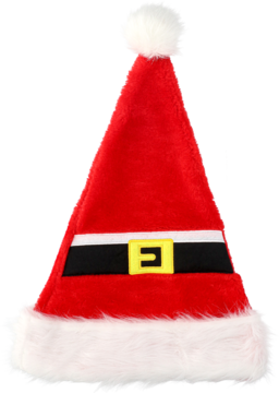 Świąteczna czapka Mikołaja dla dorosłych, czerwona z białym futerkiem i czarnym paskiem ze złotą klamrą.