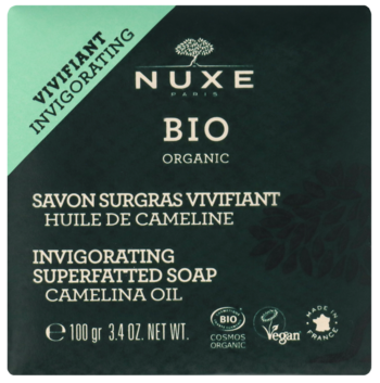 Organiczne mydło Nuxe Bio Invigorating Superfatted Soap Camelina Oil, ciemnozielone opakowanie, przód.
