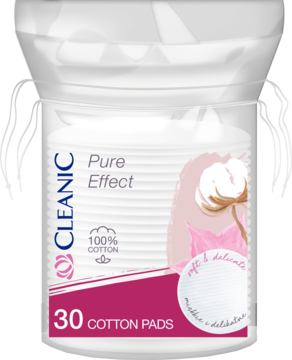 Cleanic Pure Effect 30 bawełnianych płatków kosmetycznych w przezroczystym pojemniku, widok z przodu.