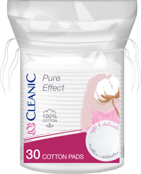 Cleanic Pure Effect 30 bawełnianych płatków kosmetycznych w przezroczystym pojemniku, widok z przodu.