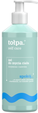 Tołpa Self Care Spokój żel do ciała, miętowa butelka z białą pompką i niebieskimi falami na froncie.