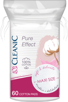 CLEANIC Pure Effect Maxi Size płatki kosmetyczne 100% bawełny, białe opakowanie z różową etykietą, widok z przodu.