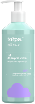 Tołpa Self Care Sen żel do mycia ciała w miętowej butelce z pompką, widok z przodu. Relaksujący zapach szałwii, lawendy i piżma.