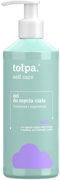 Tołpa Self Care Sen żel do mycia ciała w miętowej butelce z pompką, widok z przodu. Relaksujący zapach szałwii, lawendy i piżma.