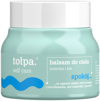 Tołpa Self Care balsam do ciała Spokój w turkusowym słoiczku, nawilżający i kojący. Widok z przodu.