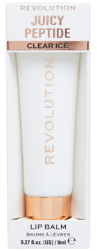 Revolution Juicy Peptide Lip Balm Clear Ice, biała tubka w pudełku, z akcentami różowego złota, widok z przodu.
