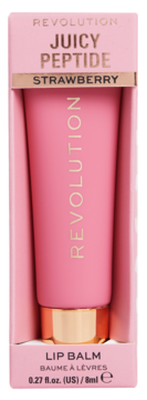 Revolution Juicy Peptide Strawberry Lip Balm, różowa tubka w otwartym kartonowym opakowaniu, widok frontalny.