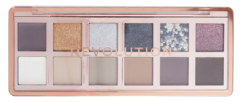 Paleta Revolution Smokey Icon z 12 cieniami: matowe, błyszczące i kremowe, w odcieniach szarości, złota, fioletu.
