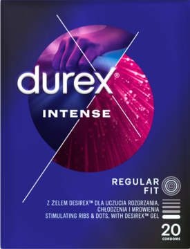 Durex Intense prezerwatywy regular fit, w ciemnoniebieskim pudełku z żelem Desirex, prążkami i wypustkami.