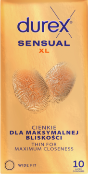 Złote opakowanie prezerwatyw Durex Sensual XL, cienkich o szerokim kroju, widok z przodu.