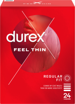 Prezerwatywy Durex Feel Thin, cienkie, w czerwonym pudełku, widok z przodu, logo i napis "24 CONDOMS".