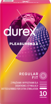 Durex Pleasuremax 10 prążkowanych prezerwatyw, różowo-żółte opakowanie 'Dotted & Ribbed', widok z przodu.