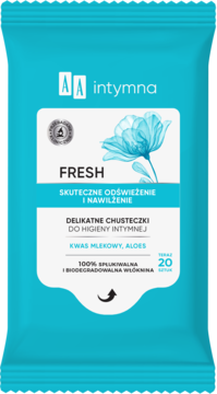 Turkusowa saszetka AA Intymna Fresh delikatnych chusteczek do higieny intymnej z aloesem i kwasem mlekowym.