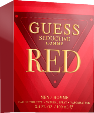 Guess Seductive Homme Red woda toaletowa, męska, czerwono-złote pudełko, widok z przodu, 100 ml.