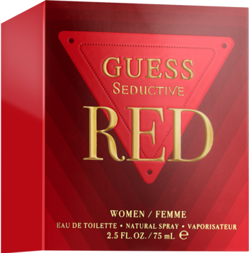Czerwone pudełko Guess Seductive Red 75ml damska woda toaletowa, ze złotym trójkątem, widok z boku.