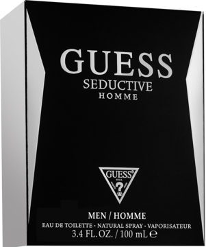 Czarne pudełko Guess Seductive Homme EDT 100ml dla mężczyzn, z błyszczącymi srebrnymi detalami, widok pod kątem.