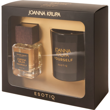 Zestaw Esotiq Joanna Krupa Yourself: złote perfumy unisex i czarna świeca w eleganckim czarnym pudełku z okienkiem.